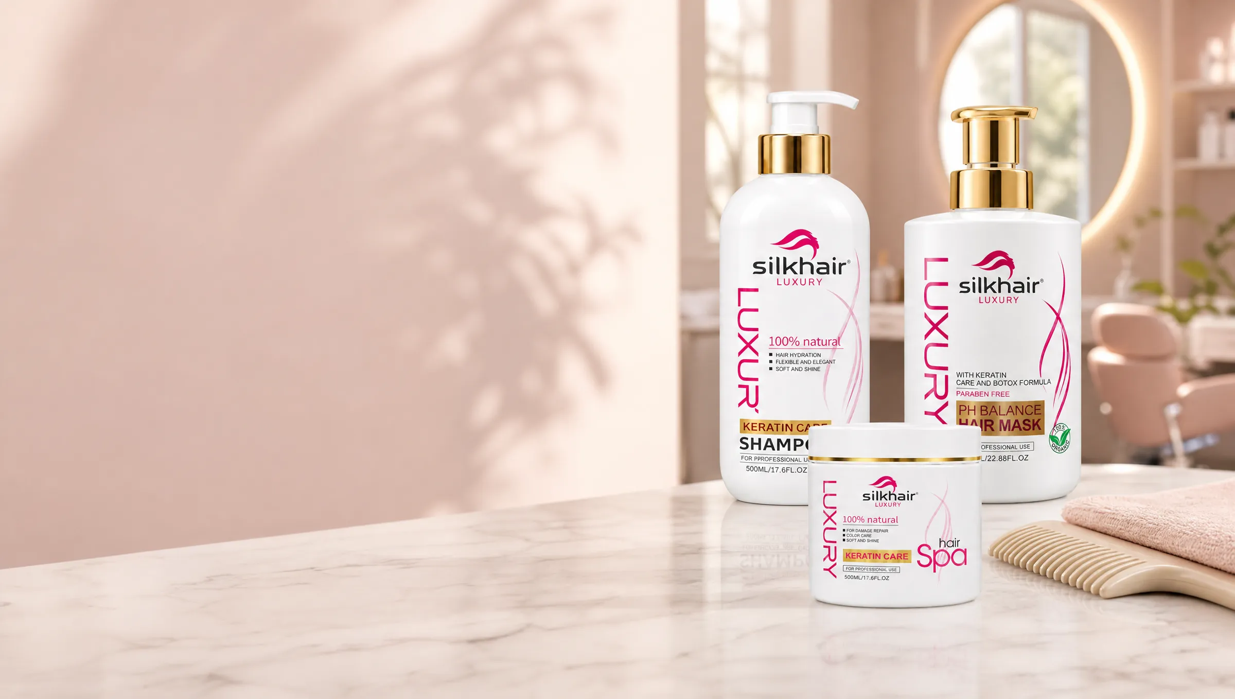 Silkhair Luxury Keratin Care Shampoo, pH Balance Hair Mask and Hair Spa on a salon counter