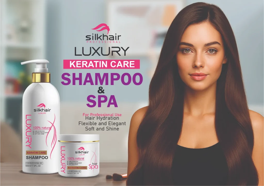 Silkhair Luxury Keratin Care Shampoo and Hair Spa beside a model with long, smooth hair