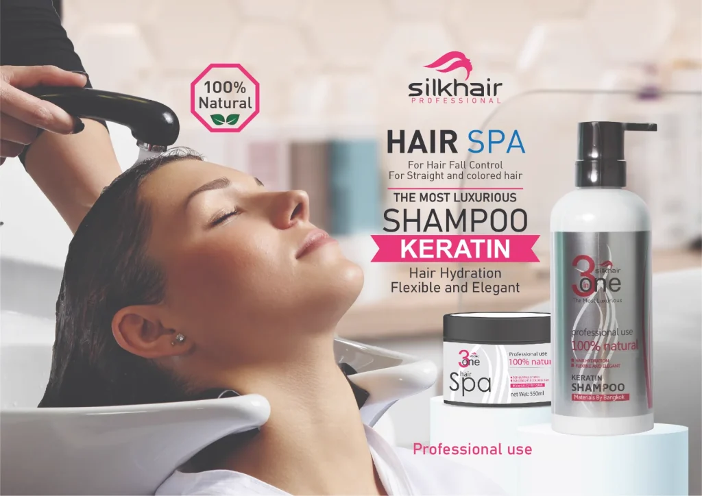 Stylist rinsing a client’s hair at a salon basin, with Silkhair Hair Spa and keratin shampoo