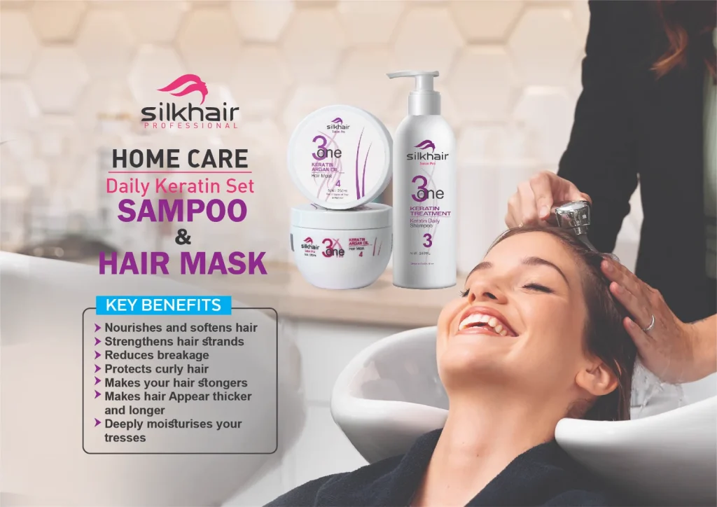 Silkhair Home Care Daily Keratin shampoo and hair mask set at a salon wash station