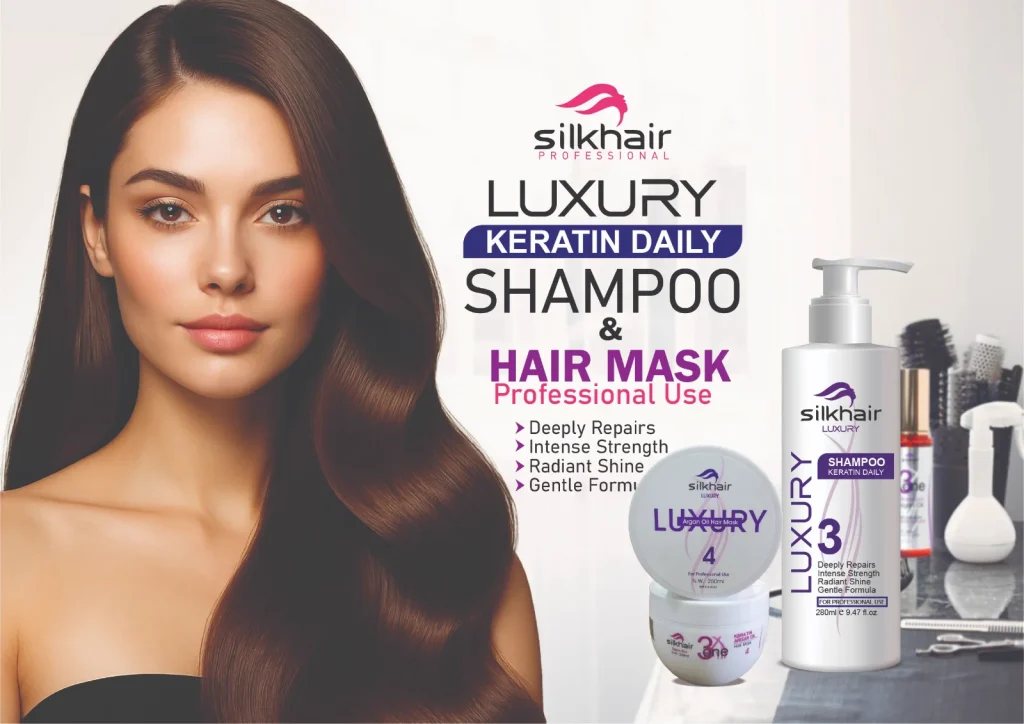 Silkhair Luxury Keratin Daily shampoo and hair mask beside a model with long, glossy hair